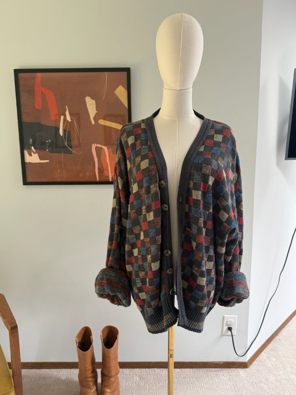 Vintage 1980s TSR USA Chunky Knit Rainbow Checkerboard Grandpa Cardigan XL